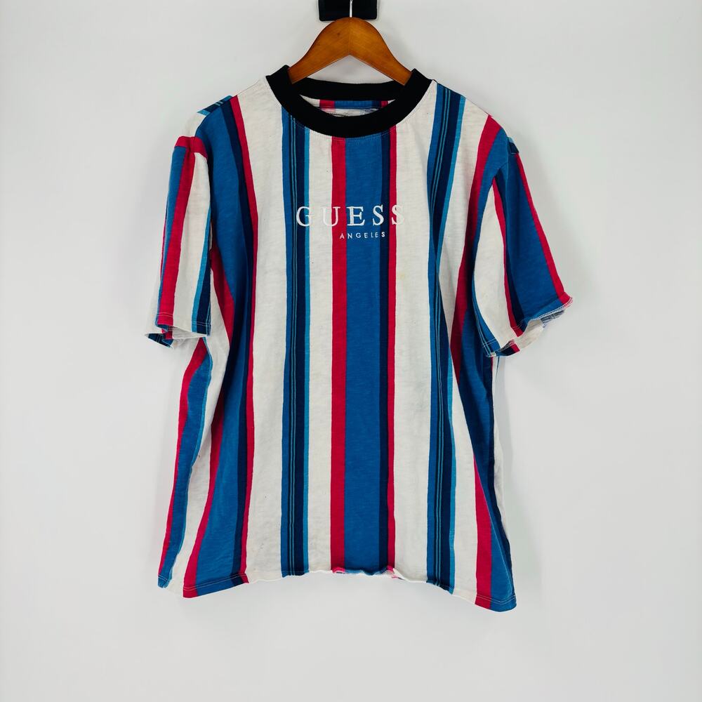 Vintage Guess T-Shirt Size Medium Men Multicolor Striped 90’s Skater Beach
